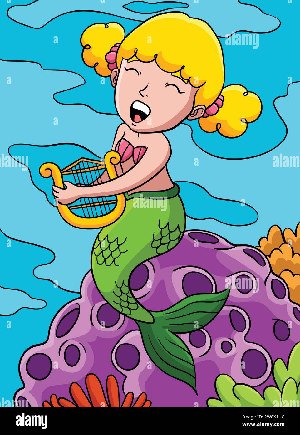 Sirène jouant Harp Colored Cartoon Illustration Illustration de Vecteur