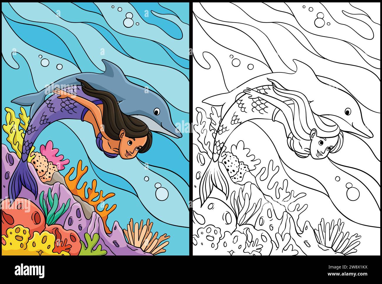 Illustration de la page de coloriage de sirène et de dauphin Illustration de Vecteur