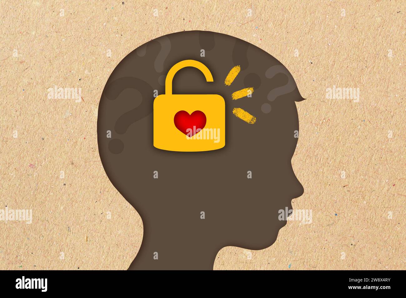 Silhouette de tête d'enfant avec cadenas ouvert et coeur - concept de psychologie, d'amour et de santé mentale Banque D'Images