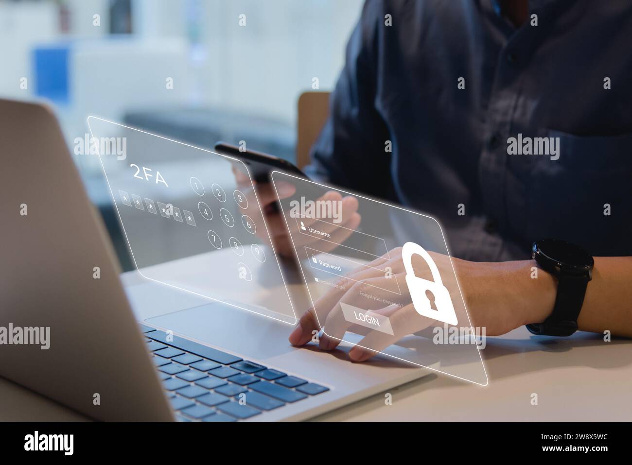 Amélioration de la cybersécurité avec l'authentification à deux facteurs 2FA, la sécurité de connexion, la protection de l'ID utilisateur et le cryptage pour contrecarrer les cyber-pirates. Banque D'Images