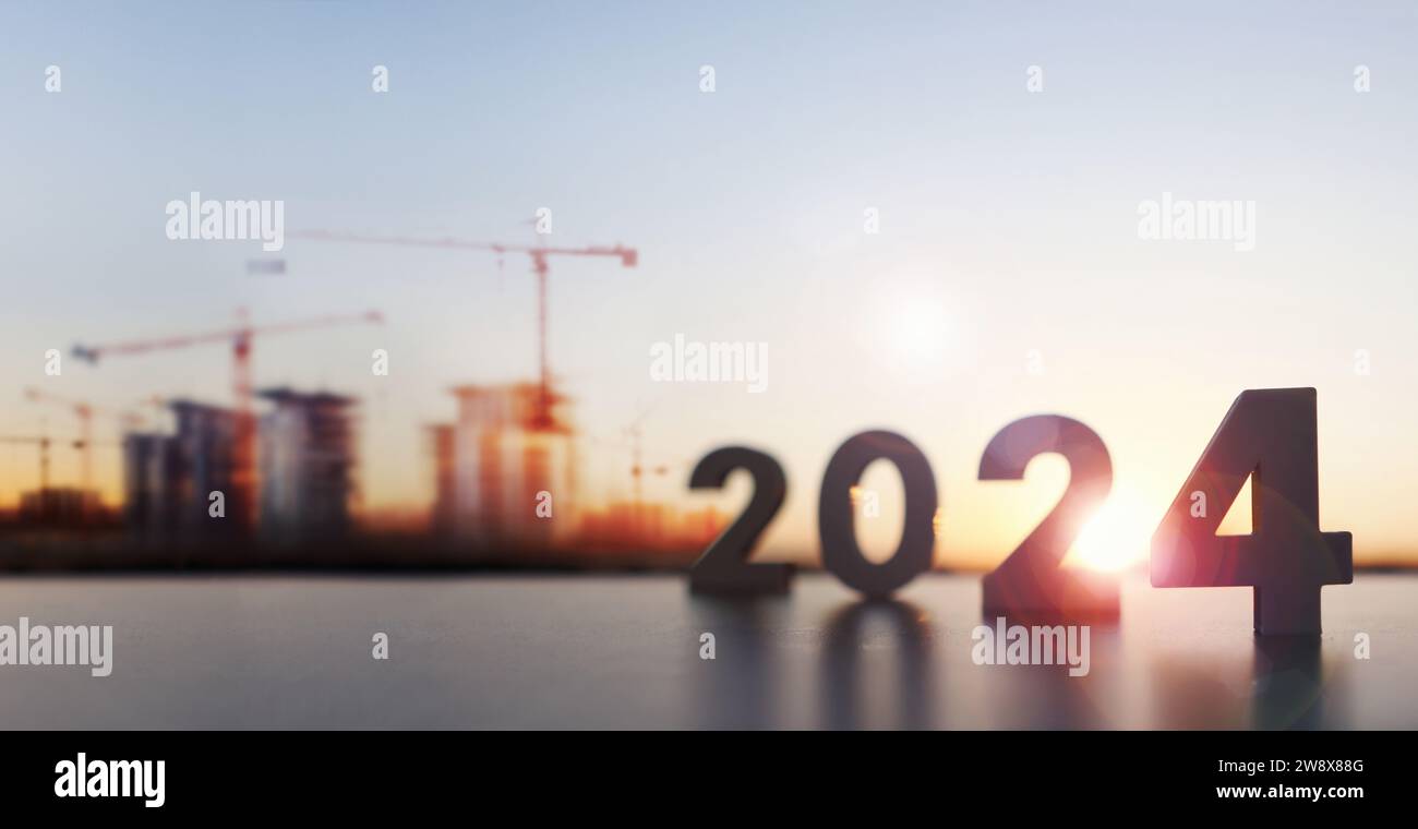 Nouvelle année brillamment montante en 2024, lever du soleil, architecture et arrière-plan de chantier de construction, et concept de marché immobilier de bâtiment et d'appartement Banque D'Images