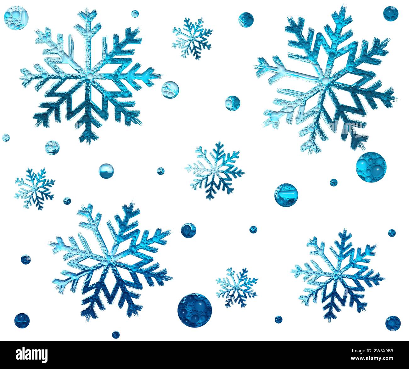 illustration de flocons de neige bleu vif avec des gouttes d'eau Banque D'Images