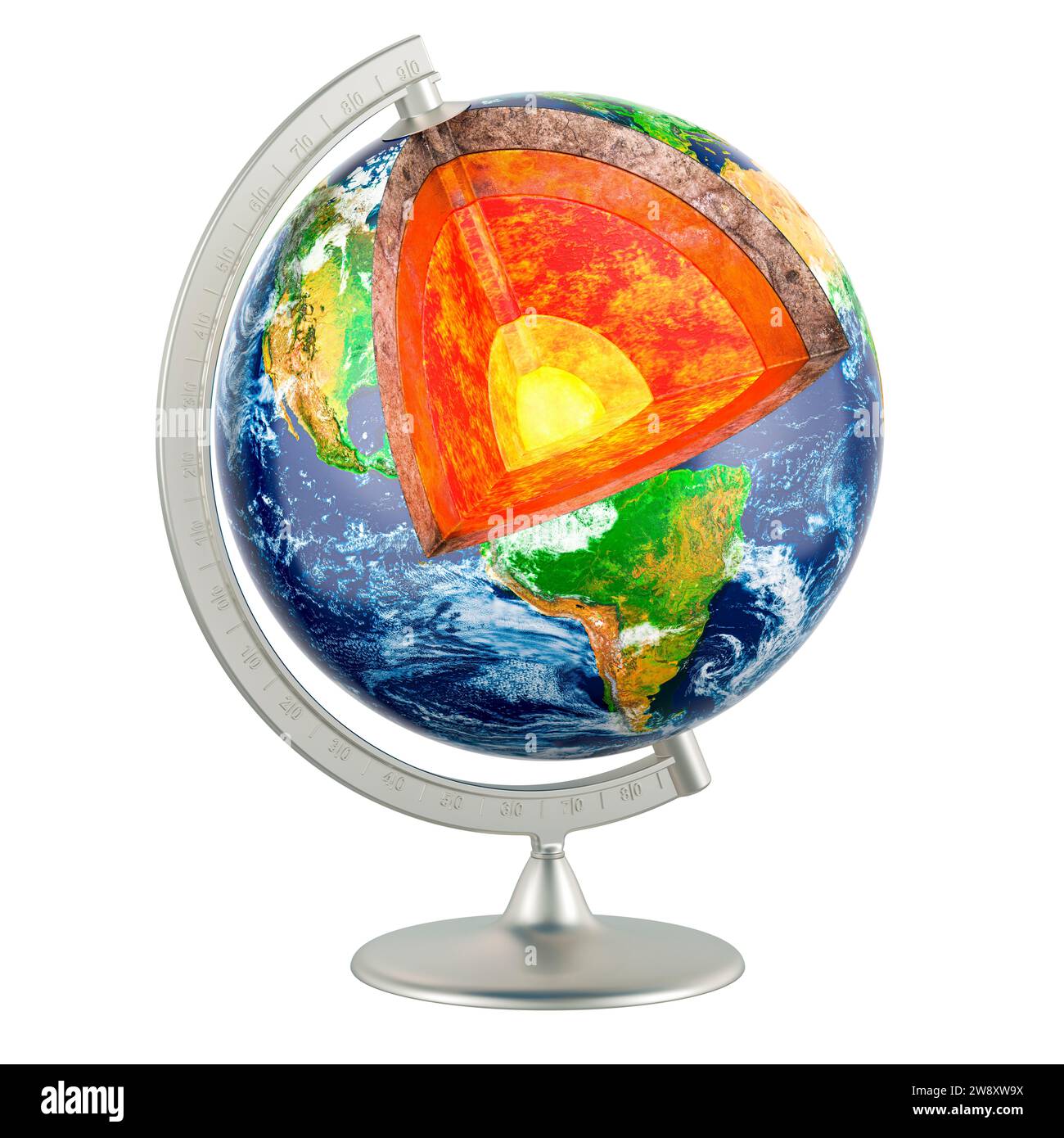 Modèle terrestre en coupe transversale. Structure détaillée du concept de planète Terre, rendu 3D isolé sur fond blanc Banque D'Images