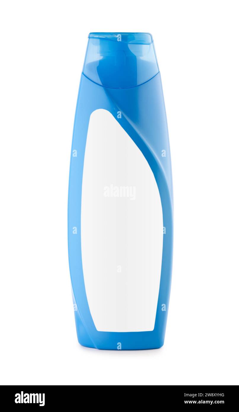 Bouteille bleue de shampooing sur fond blanc Banque D'Images