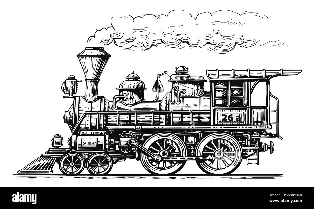 Train vintage, vue latérale. Locomotive à vapeur rétro dans le style croquis. Illustration de transport dessinée à la main Banque D'Images