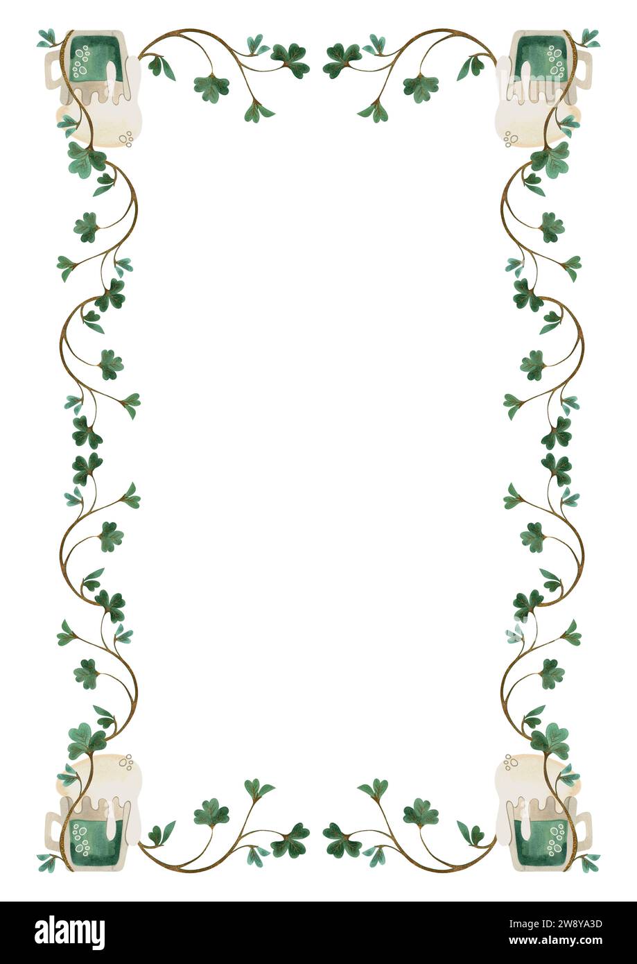 Cadre de brindilles de trèfle shamrock avec des tasses de bière verte. Décoration pour St. Patrick's Day. Illustration d'aquarelle isolée sur fond blanc. Clip Banque D'Images