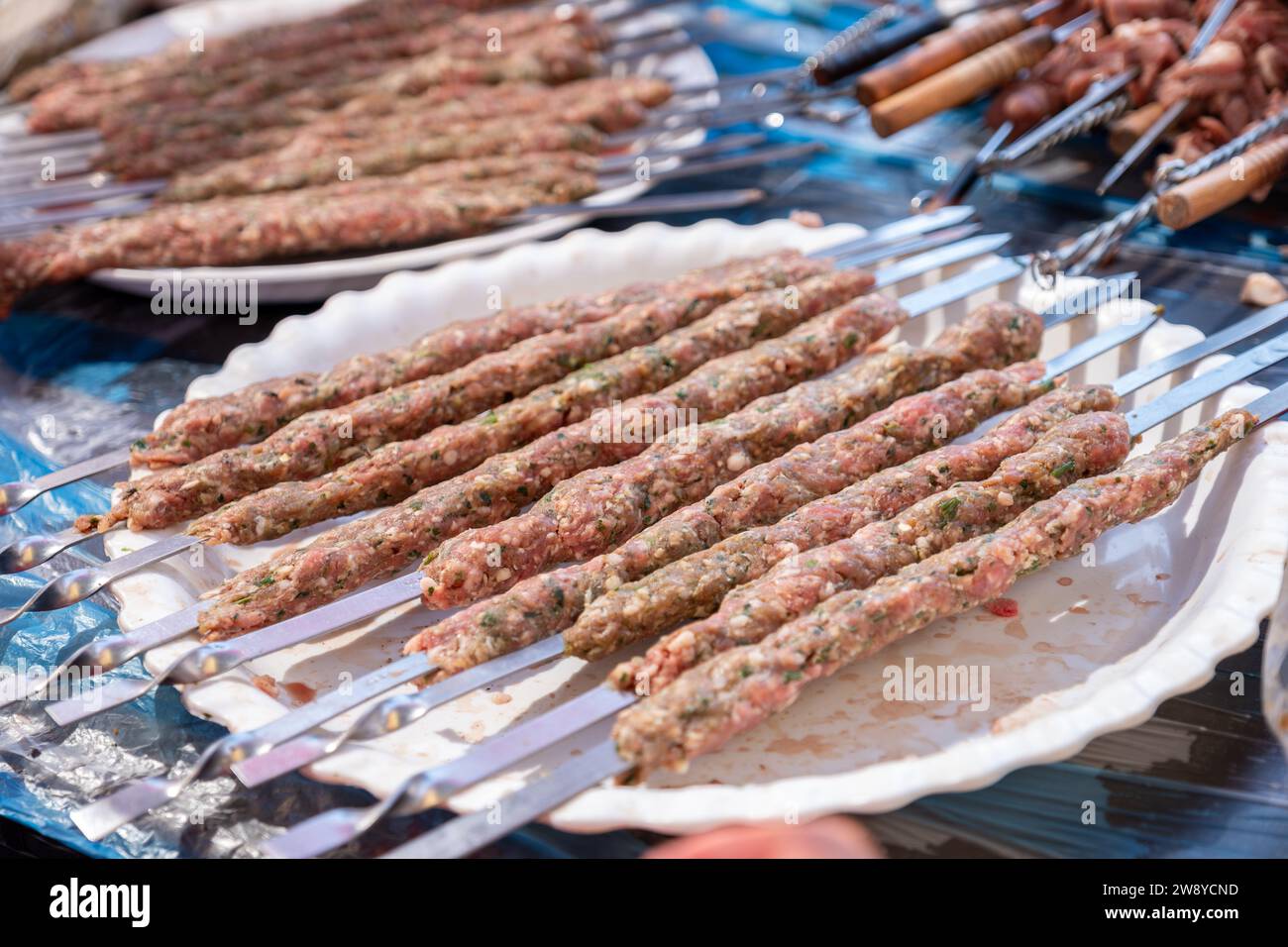 assiette de viande et morceaux de poulet prêts à être grillés Banque D'Images