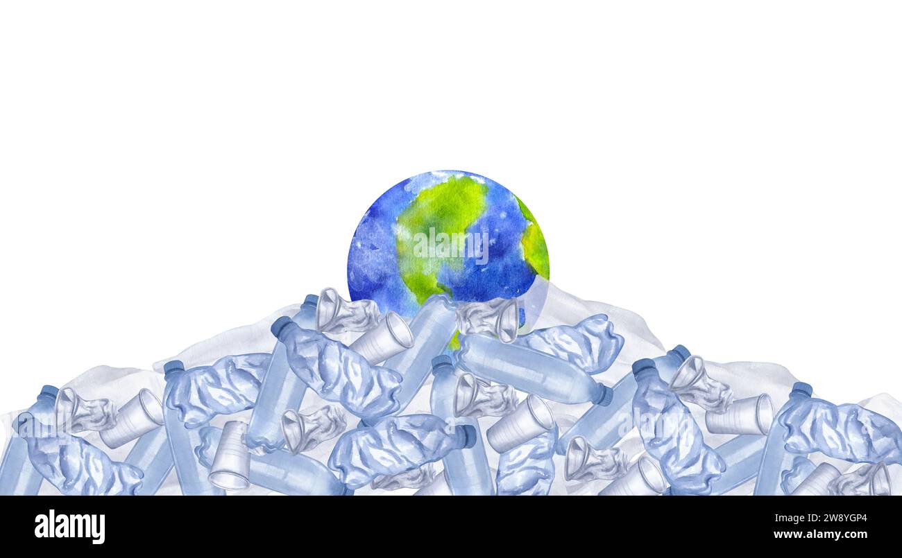 Planète Terre sur pile de déchets plastiques. Great Pacific Garbage Patch. Flacons et tasses bleus transparents jetables. Aquarelle dessinée à la main Banque D'Images
