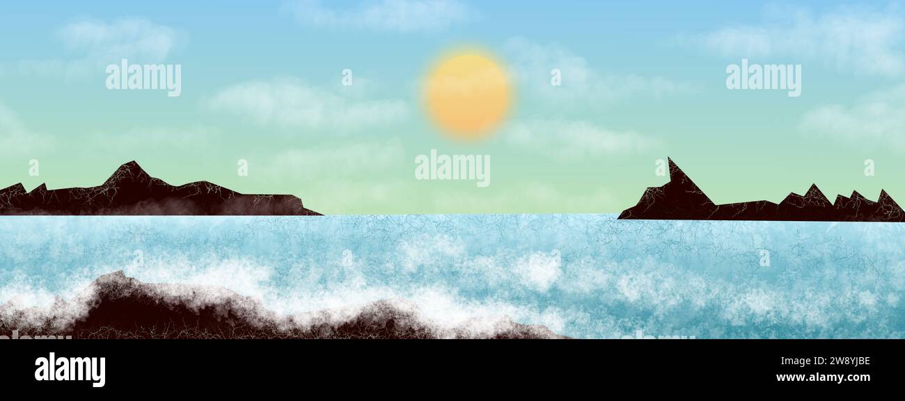 paysage de soleil avec aquarelle mer côte mer Banque D'Images