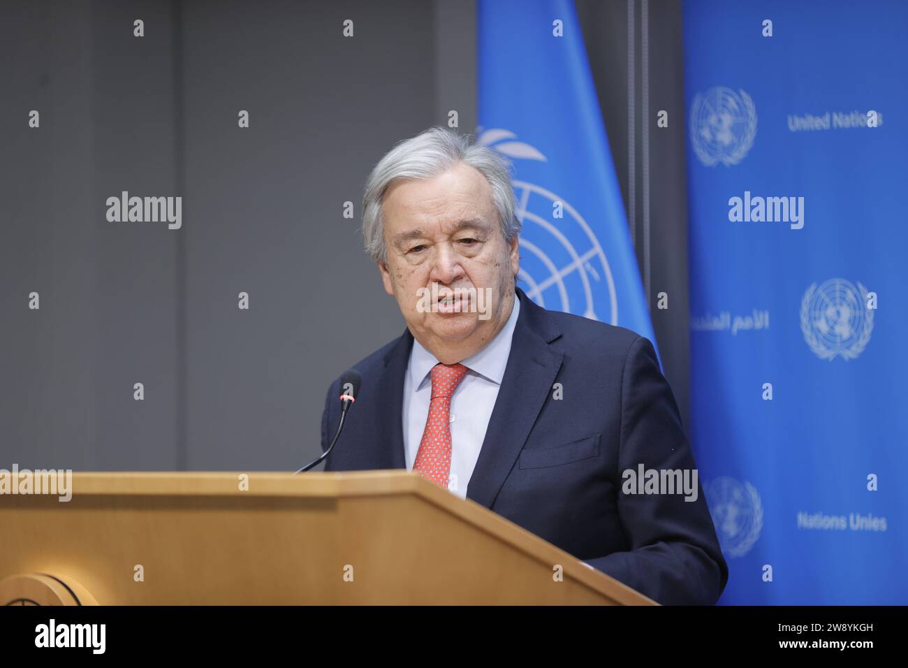Nations Unies, New York, Etats-Unis, 22 décembre 2023 - le Secrétaire général Antonio Guterres informe les journalistes de la situation à Gaza aujourd'hui à l'United Na Banque D'Images