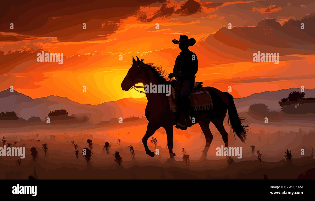 Image d'art de silhouette d'un cow-boy chevauchant un cheval dans un large champ Illustration de Vecteur