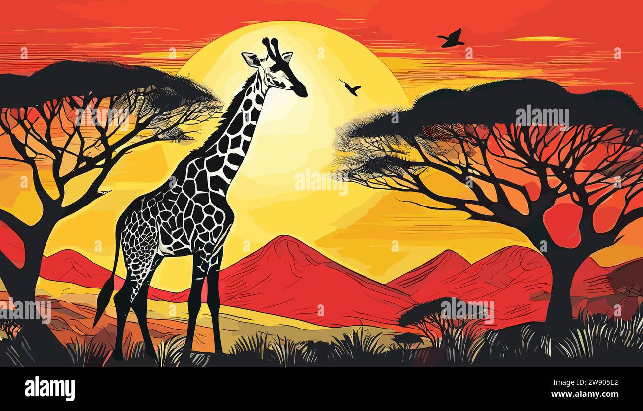 Vie d'art de girafe animale dans la nature, style bloc imprimé Illustration de Vecteur