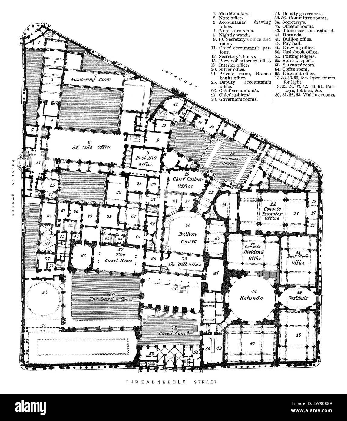 Vintage 1854 gravure d'un plan de rez-de-chaussée de la Banque d'Angleterre, Londres. Banque D'Images