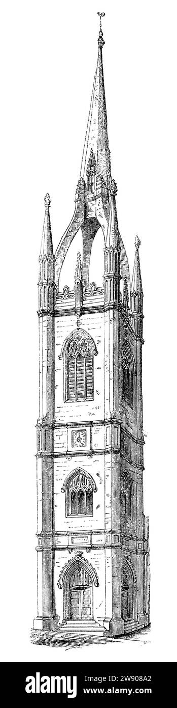 Gravure vintage 1854 de la tour de fabrication Église Dunstan-in-the-East à Londres. Banque D'Images