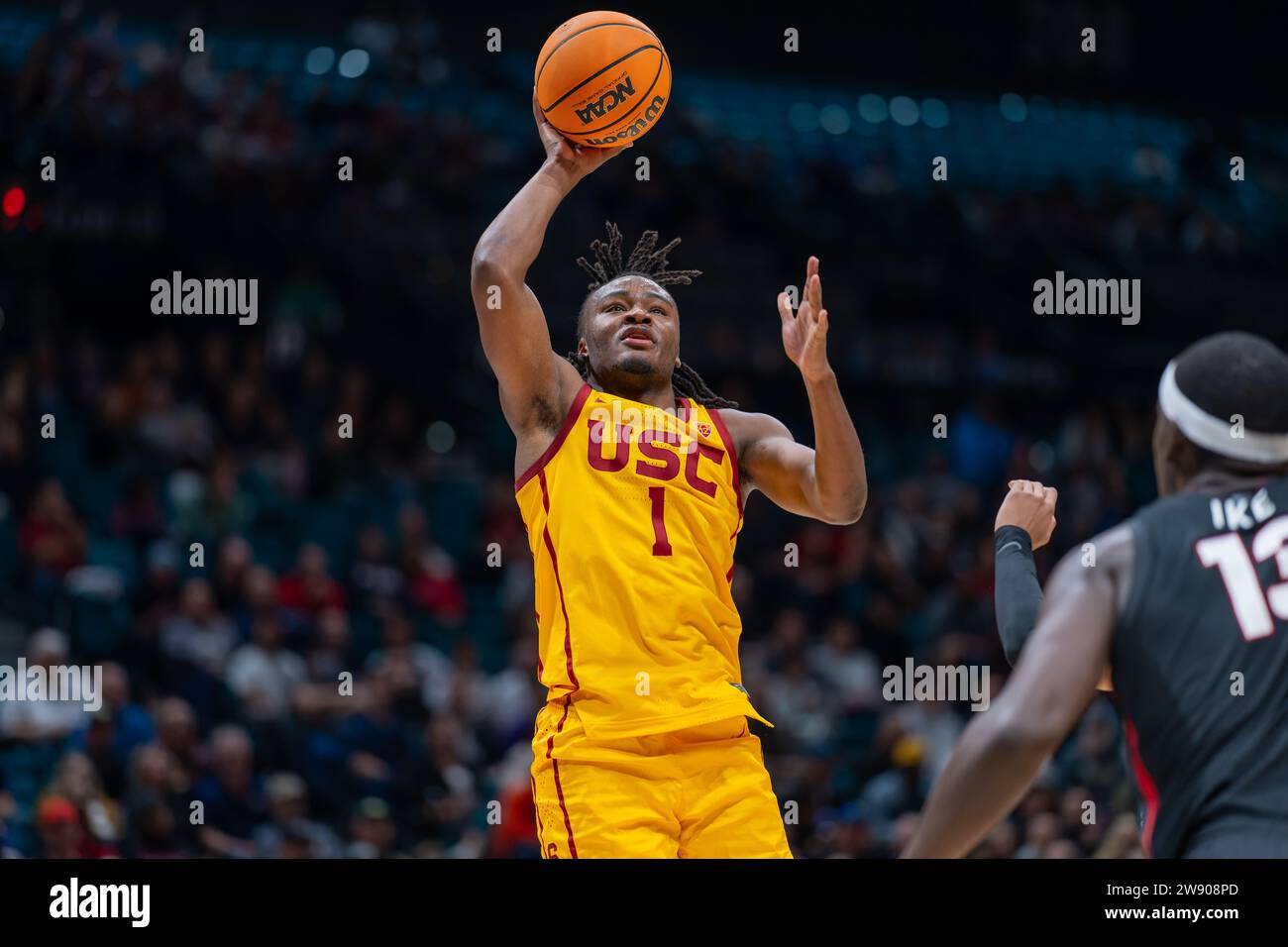 Isaiah collier (1), Garde des chevaux de Troie de l'USC, tire la balle lors du match Legends of basketball Las Vegas Invitational entre les Trojans de l'USC et les Bulldogs de Gonzaga, au MGM Grand Garden Arena de Las Vegas, Nevada, le 2 décembre. Les Bulldogs de Gonzaga battent les Trojans de l'USC 89-76. (Crédit : Jameel Pugh/image of Sport) Banque D'Images