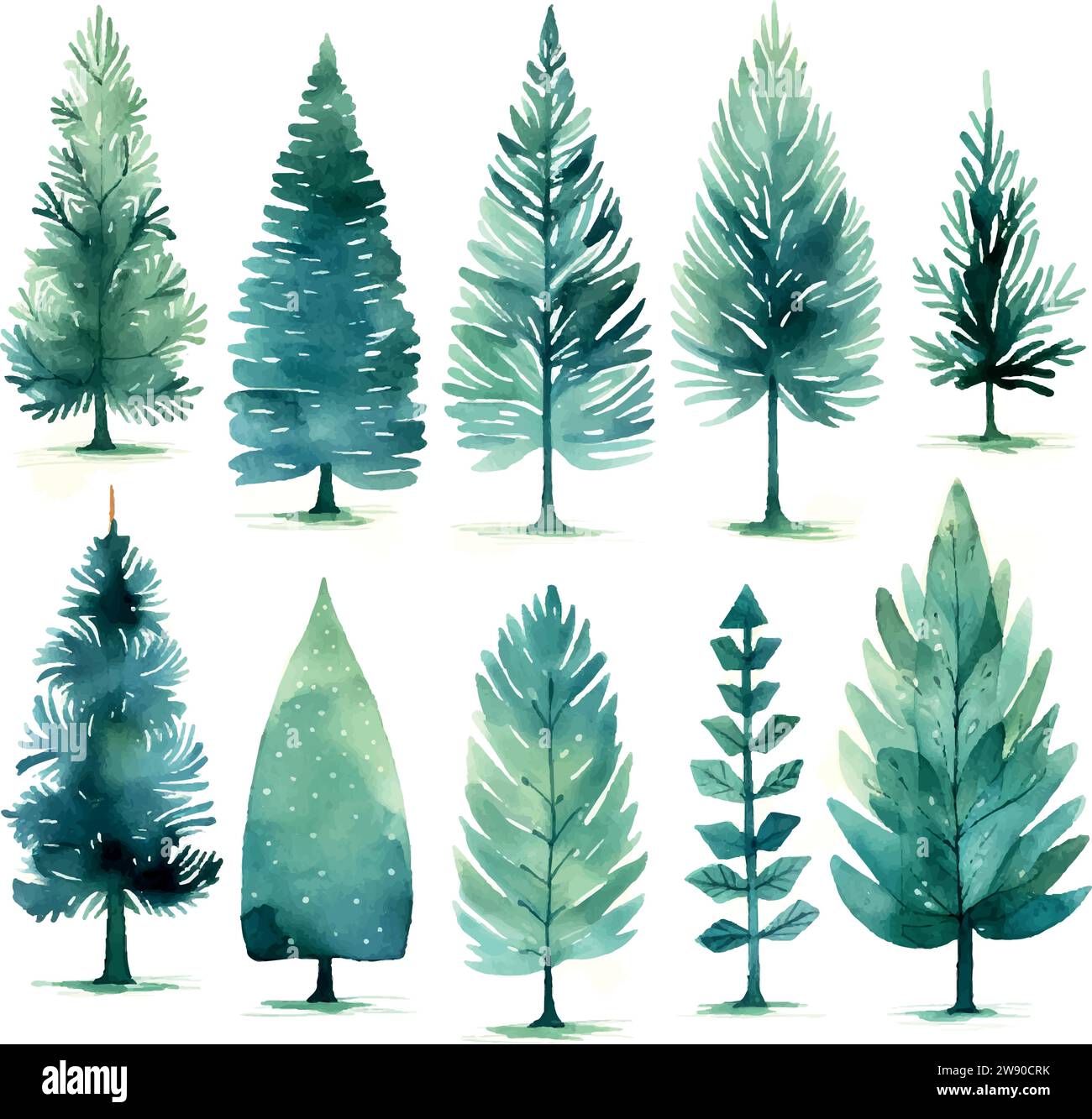 une variété d'arbres de noël aquarelle de couleur bleue, dans le style marron foncé et vert clair Illustration de Vecteur