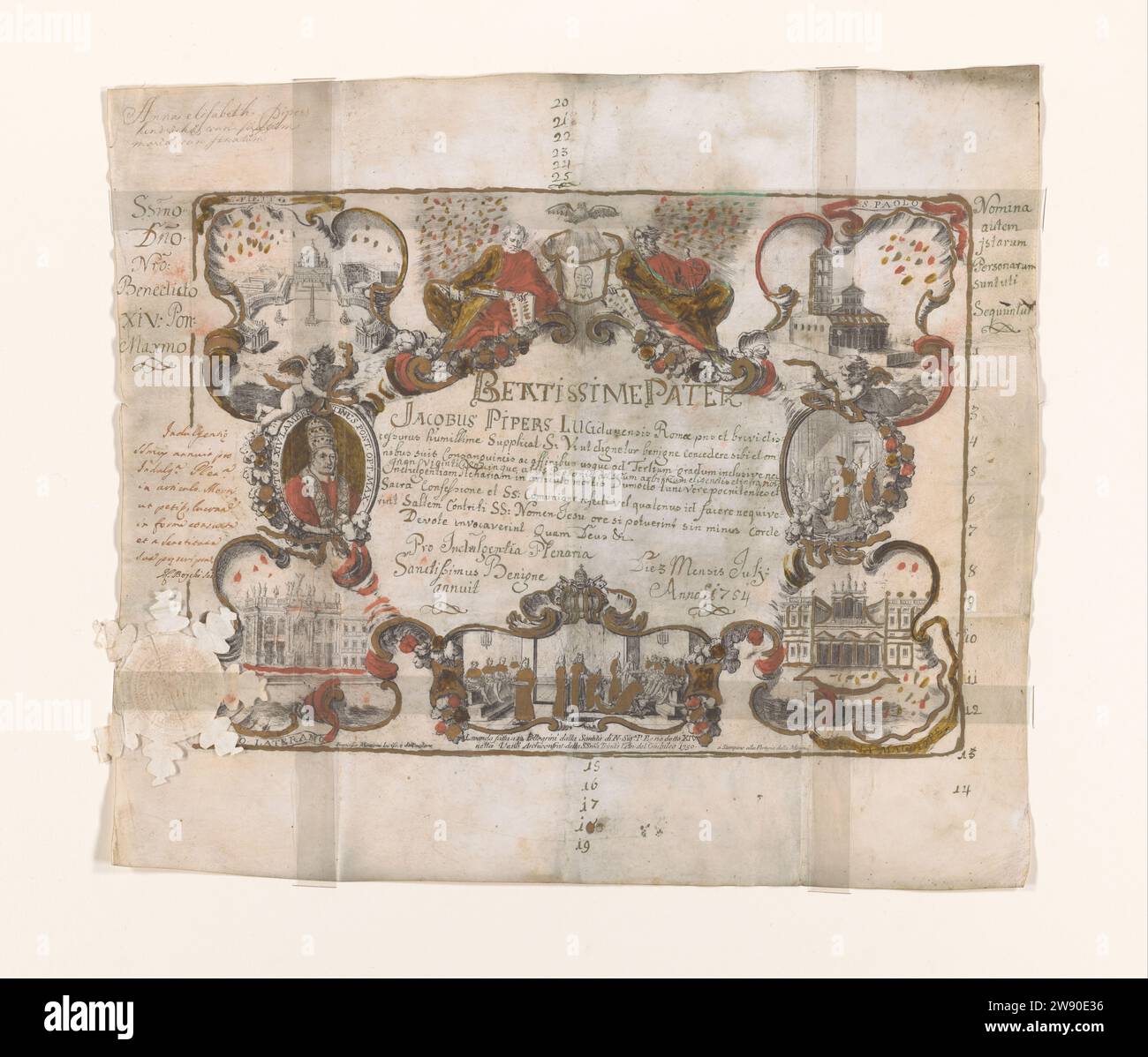 Aflaatbrief, Francesco Manzoni, 1754 document certificat (?), gravure colorée et décrite sur parchemin ; dans les coins : 4 églises romaines ; au milieu de : Père, fils et Saint-Esprit ; L. : Portrait d'un pape (Benidict XIV) ; r. : Pape frappe Porta Sancta ; M.O. : lavage des pieds en l'année Sainte 1750. Texte au milieu, en lettres dorées: "Beatissime Père ... ... Anno 1754'. Lettre lettre pour Jacobus Pipers. Marqué : L.O. : Sticked relief Stamp. Parchemin de Rome (matériel animal). gravure à l'encre / écriture (procédés) Banque D'Images