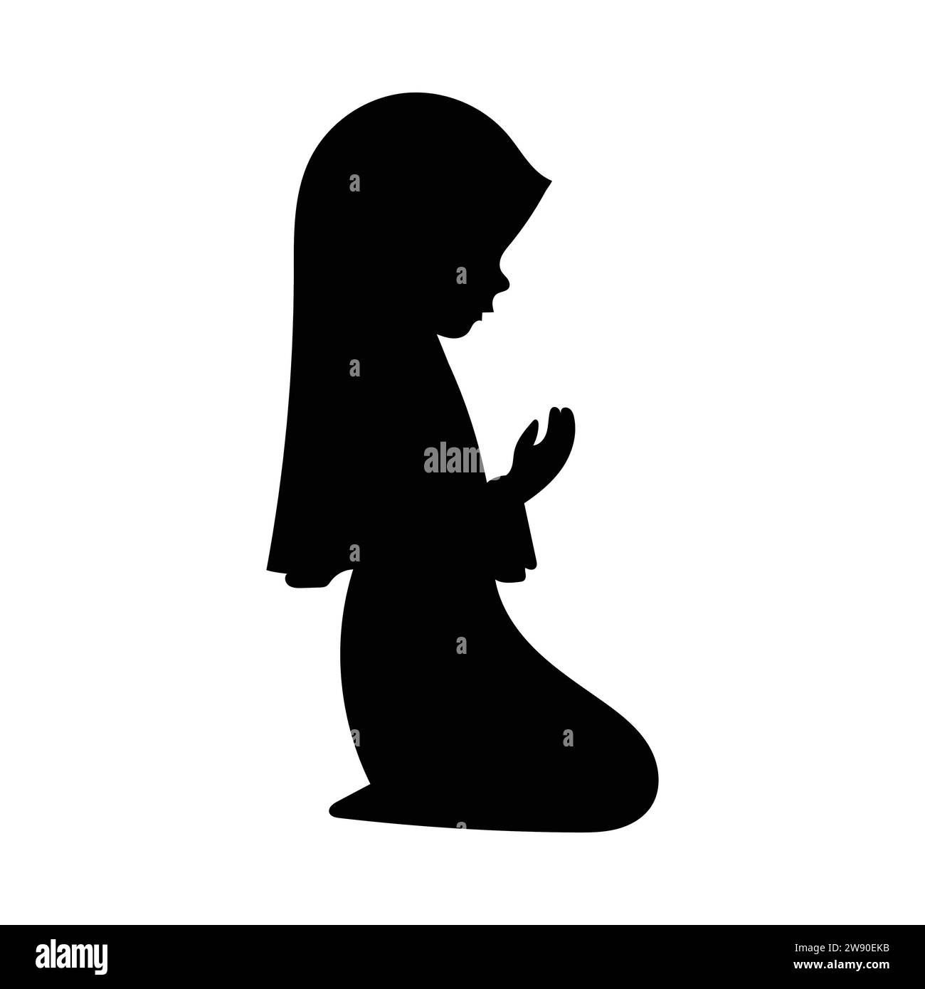 Une silhouette de jeune fille solennellement musulmane levant les mains dans la prière, agenouillée et inclinée, illustration vectorielle, isolée sur fond blanc. Illustration de Vecteur
