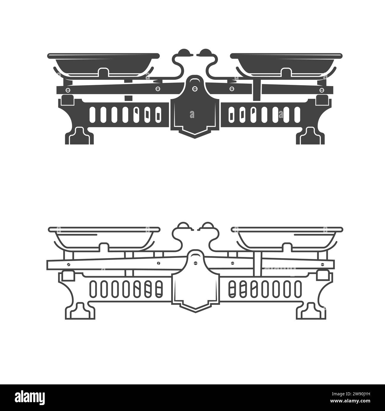 Balance, poids, silhouette d'icône d'équilibre sur fond blanc. Illustration vectorielle. Signe de Balance. Pour la conception de logo, patchs, sceau, logo ou badges. Illustration de Vecteur