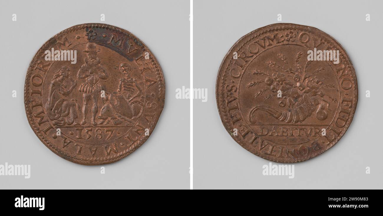 Maladie et famine dans les pays-Bas espagnols à la suite du blocus de guerre, Anonymous, 1587 médaille de cuivre vivante. Devant : Espagnol, debout entre la faim, représentée comme assise, femme aggravée, et la mort, représenté comme un cadre, assis au milieu de l'armement à l'intérieur de la couverture ; Cut : année. Revers : corne bourrée d'abondance dans la couverture ; coupe : inscription Dordrecht cuivre (métal) frappe (travail des métaux) Belgique Banque D'Images