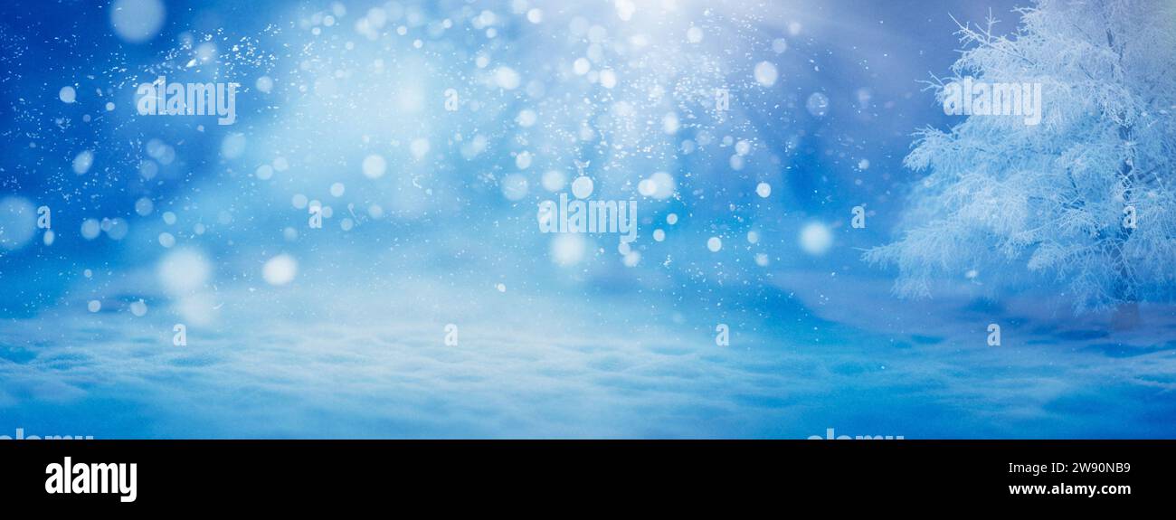 Fond de Noël avec neige et arbre. Paysage fantastique de nuit d'hiver. Carte de voeux de bonne année avec espace de copie et paillettes. Banque D'Images