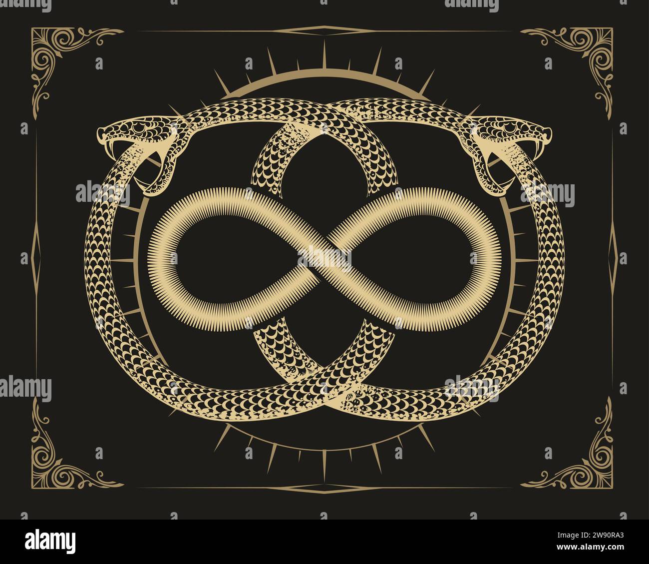 Emblème ésotérique des serpents Ouroboros et signe infini isolé sur fond noir illustration vectorielle. Aucune IA n'a été utilisée. Illustration de Vecteur