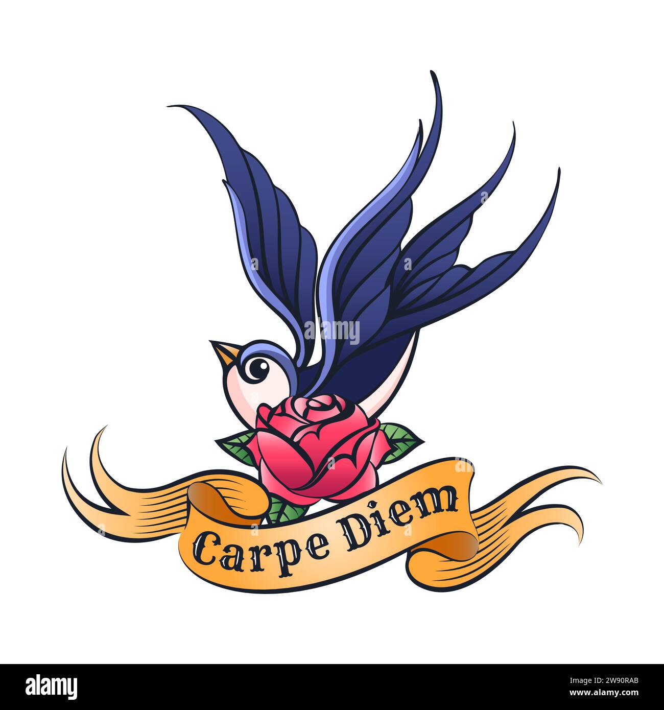 Tatouage de fleur de Rose d'hirondelle et ruban avec l'expression Carpe Diem ce qui signifie saisir le jour isolé sur illustration vectorielle blanche Illustration de Vecteur