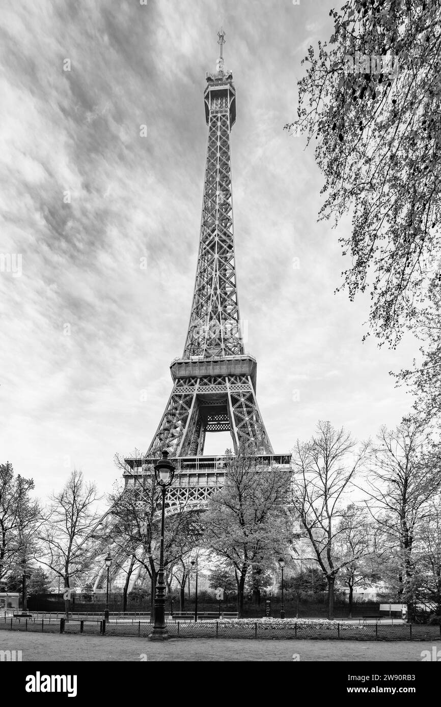 Matinée ensoleillée dans le parc de la Tour Eiffel, Paris, France. Photographie en noir et blanc. Banque D'Images
