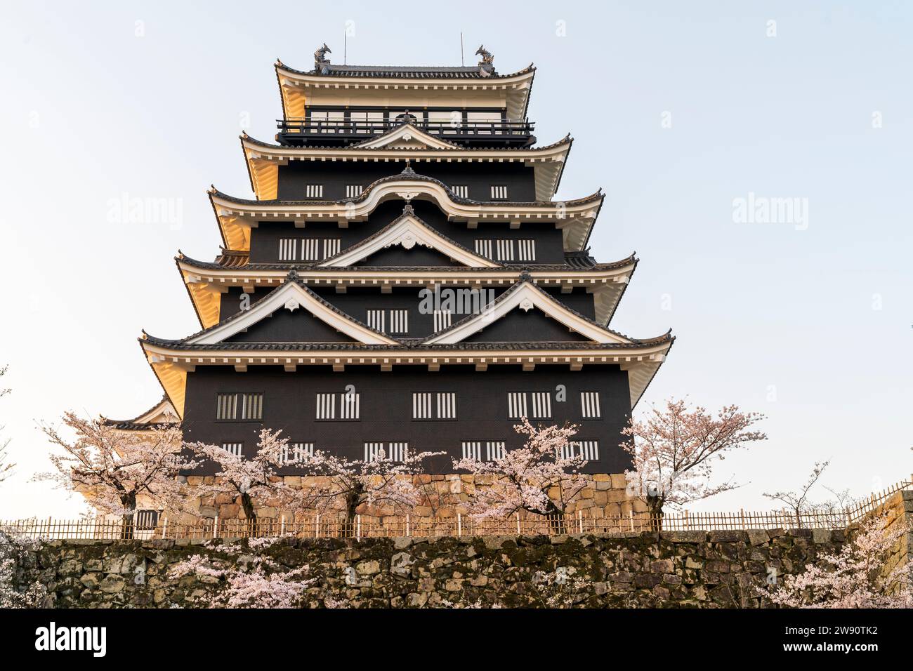 Château de Fukuyama, Japon. Aube avec le côté nord du borogata garder avec son revêtement en plaque de fer noir avec des cerisiers en fleurs à l'avant. Ciel bleu. Banque D'Images