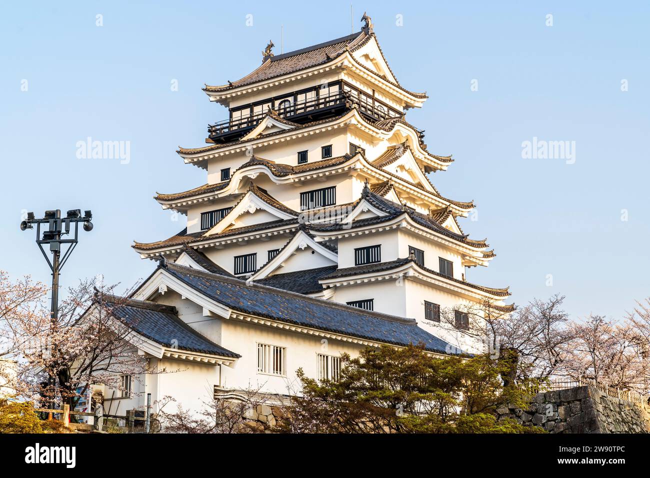 Château de Fukuyama, Japon. Les fleurs de cerisier et le château de style borogata blanc récemment restauré restent éclairés par le lever du soleil sur un ciel bleu clair. Banque D'Images