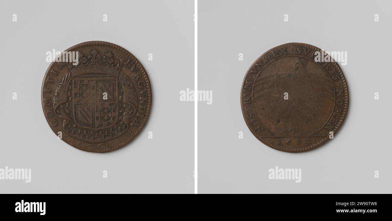 États de Bourgogne, Anonyme, médaille de cuivre en direct 1682. Devant : armoiries couronnées sur le manteau d'ermine à l'intérieur de la couverture. Revers : zodiaque en signe de RAM dans Overschrift ; coupe : année cuivre (métal) frappant (métallurgie) Bourgogne Banque D'Images