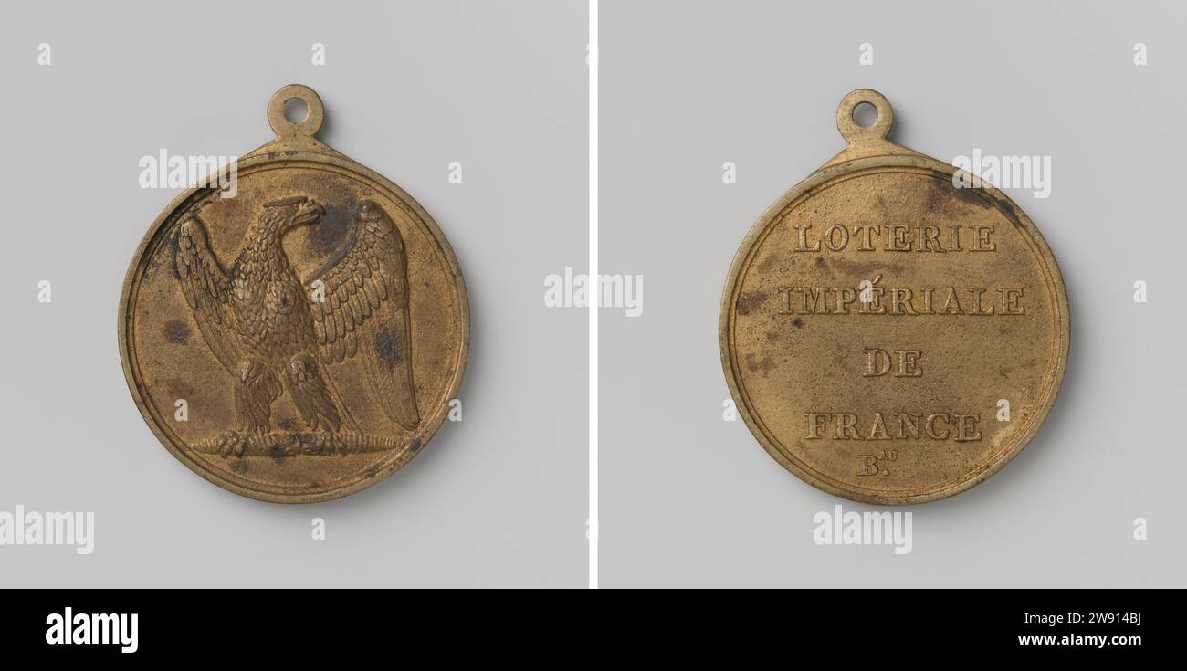 Loterie Imperiale de France, Penning de membre du Bureau Van de Loterij, Anonyme, 1804 - 1815 médaille d'identification Médaille de laiton à porter oeil. Devant : aigle avec éclair dans les griffes. Revers : inscription France laiton (alliage) coulée Banque D'Images