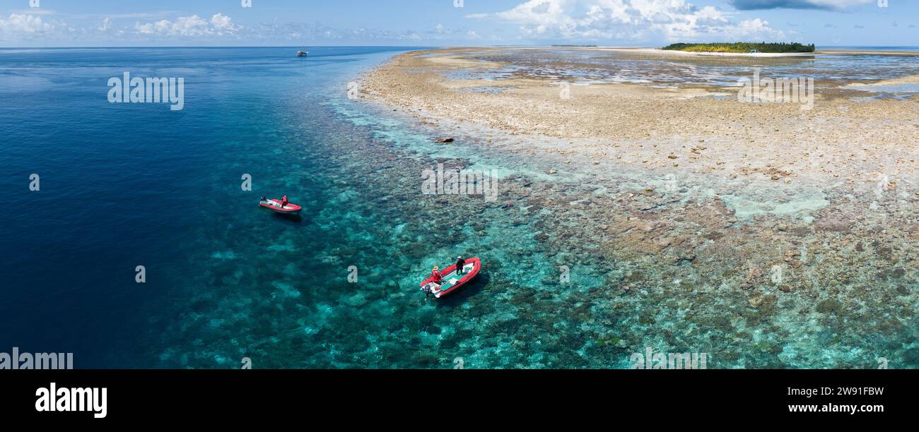 L'eau claire baigne un récif corallien bordant l'île reculée de Koon près de Seram, en Indonésie. Les récifs coralliens de cette île soutiennent une biodiversité marine élevée. Banque D'Images