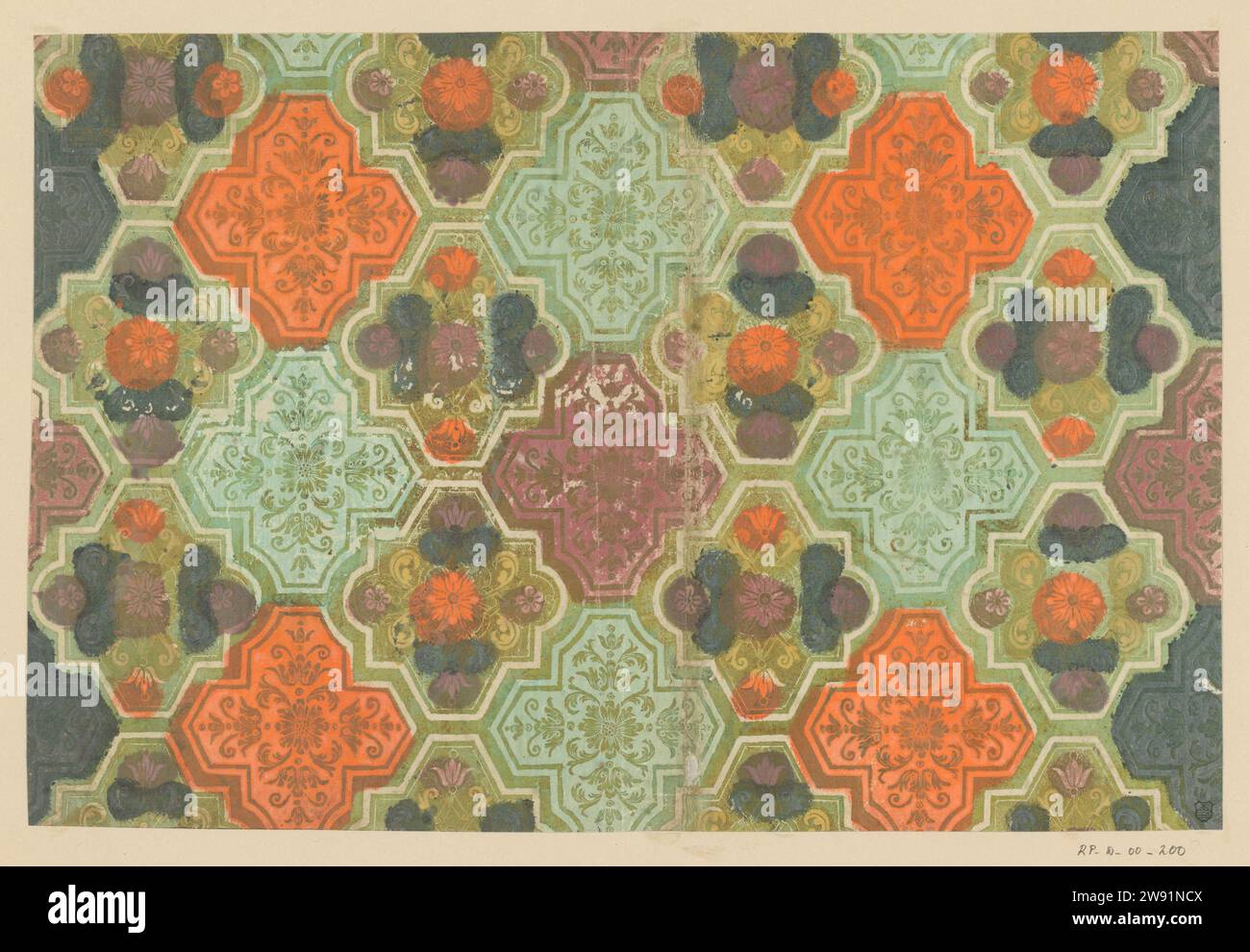 Feuille avec motif de carreaux, en forme de croix, anonyme, 1730 - 1760 papier brocart feuille avec motif de carreaux, en forme de croix avec rosette entourée au milieu de fleurs stylisées. Utilisé comme couvercle. papier. peinture (revêtement) ornement d'impression en relief  motifs géométriques. ornement dérivé de formes végétales Banque D'Images
