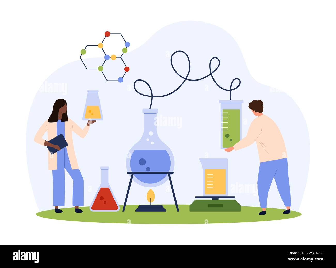 Recherche chimique en illustration vectorielle de laboratoire. Cartoon minuscules personnes bouillant le liquide dans des flacons sur le brûleur, les scientifiques recherchent la réaction chimique des échantillons dans des tubes à essai en verre pour étudier la chimie Illustration de Vecteur