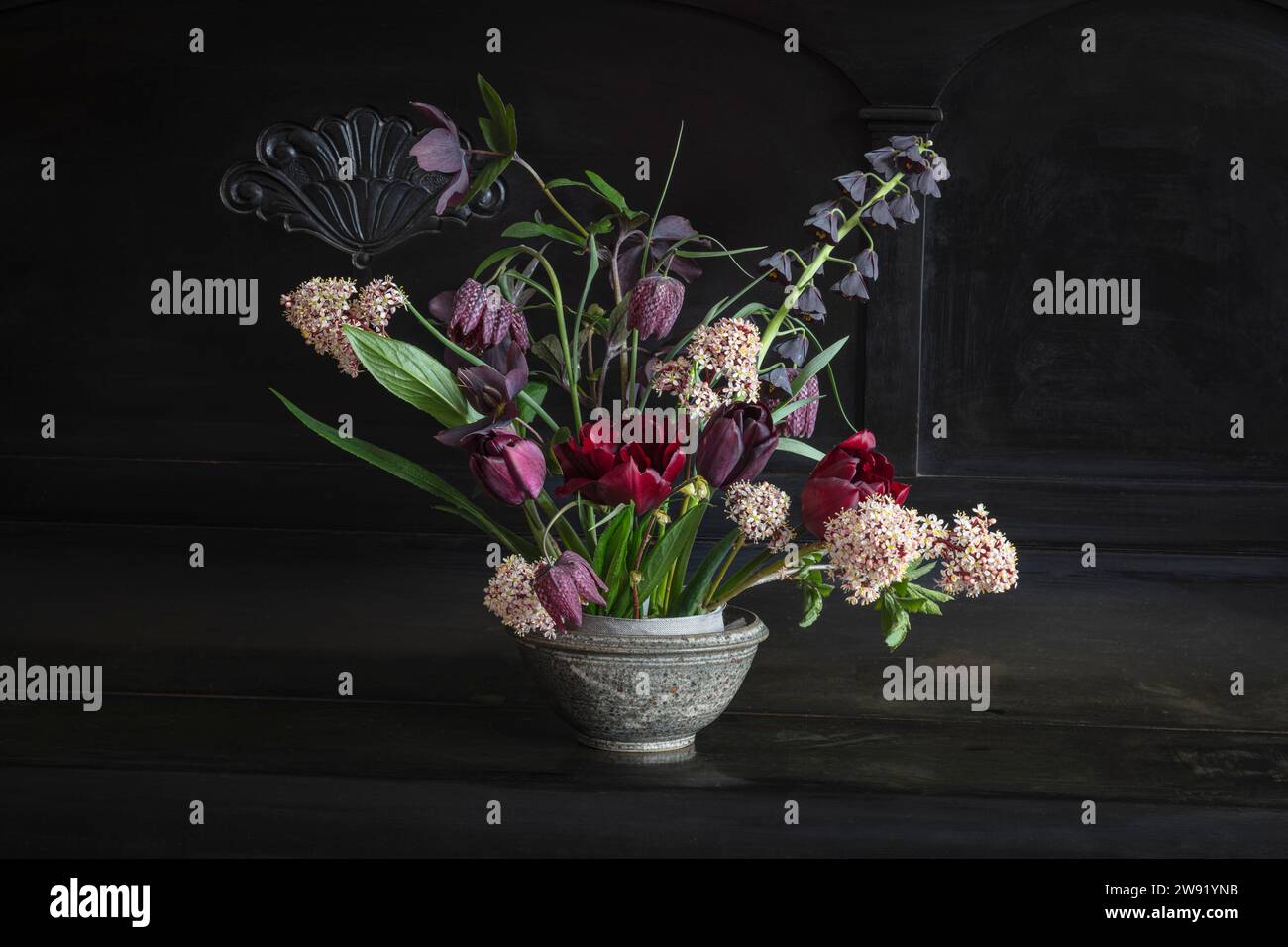 Bouquet de tulipes, fritillars à tête de serpents (Frittilaria meleagris), lys persans (Frittilaria persica) hellébores et skimmia japonica Banque D'Images