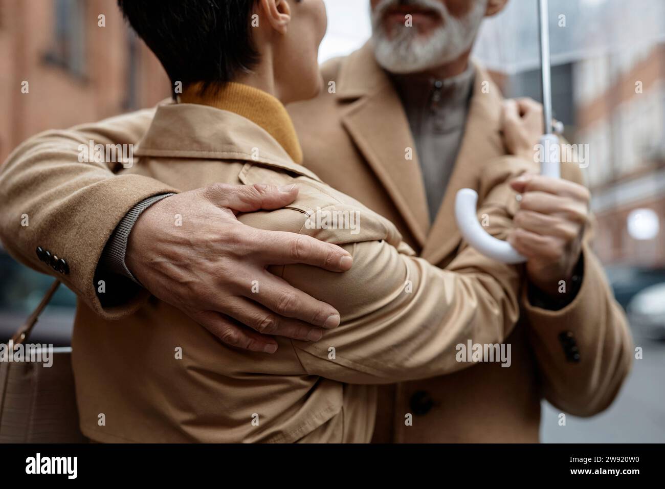Couple amoureux s'embrassant debout sous un parapluie Banque D'Images
