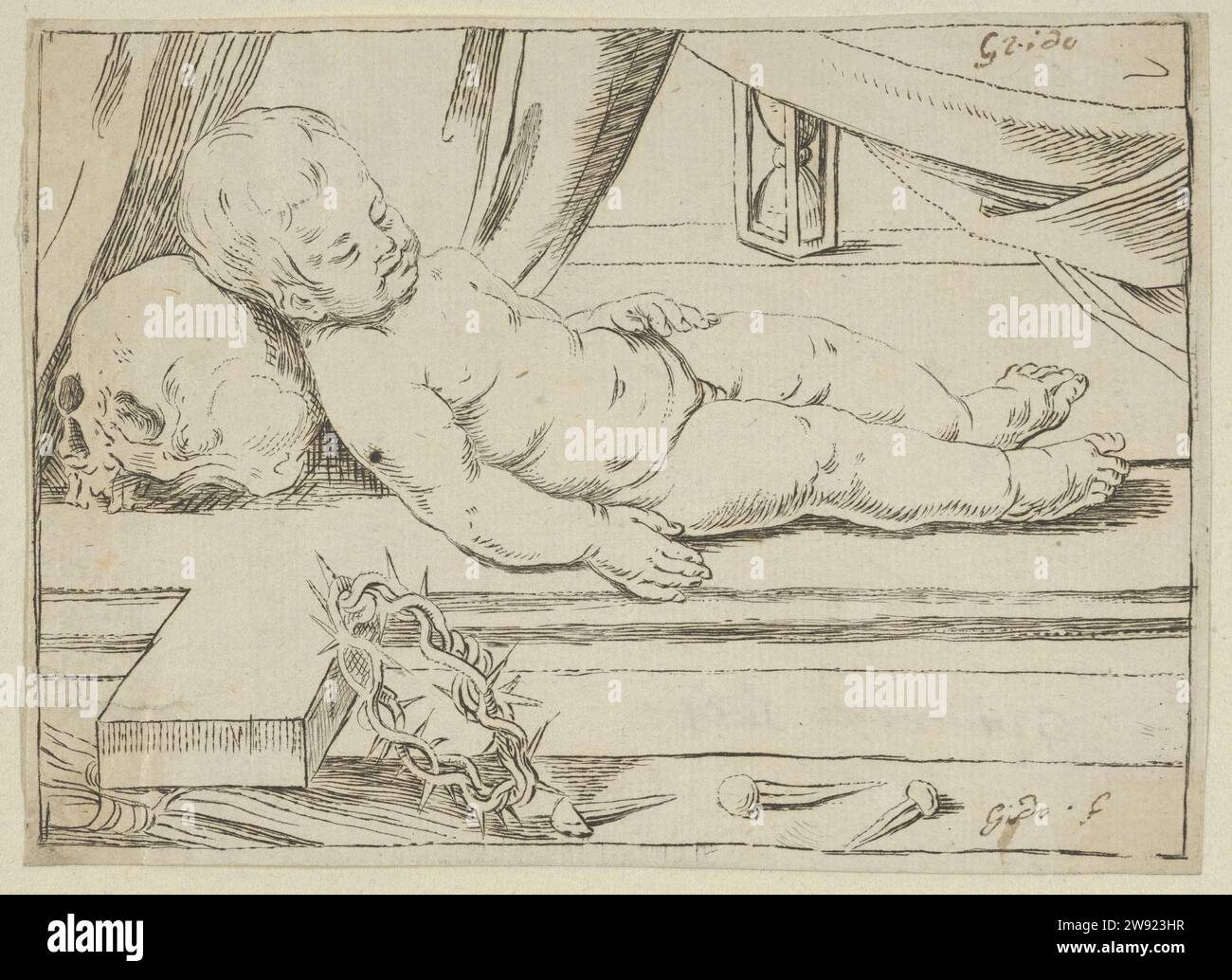 L'enfant Christ endormi sur une croix, sa tête reposant sur un crâne, une couronne d'épines et de clous au premier plan 1986 par Anonymous, Italien, 17e siècle Banque D'Images