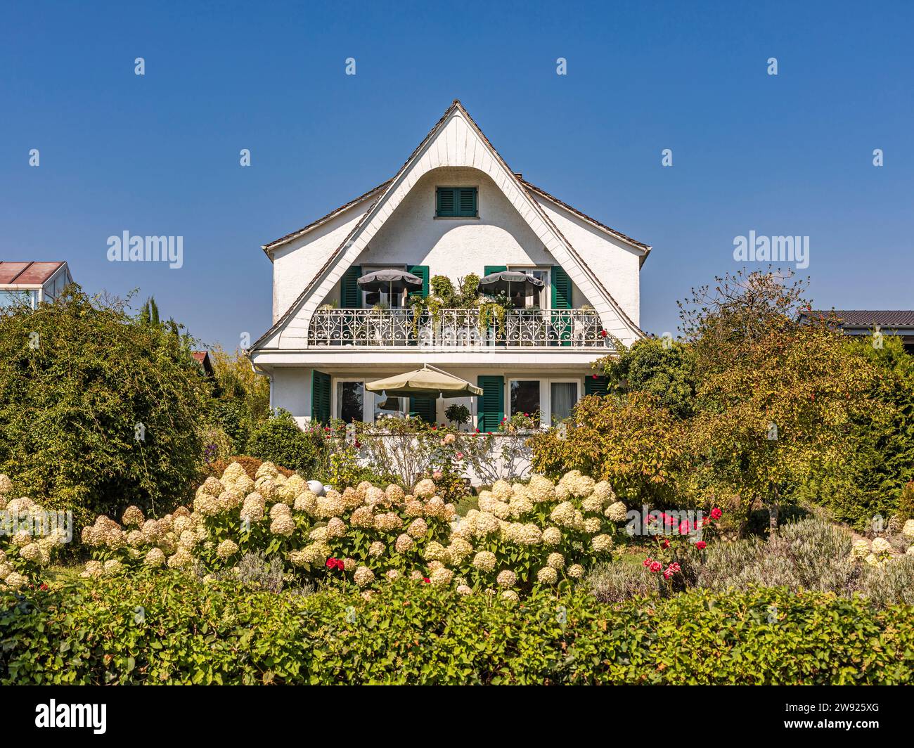 Allemagne, Bade-Wurttemberg, Immenstaad, jardin d'été luxuriant en face de la maison individuelle Banque D'Images