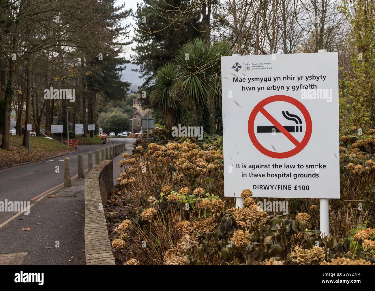 Panneau interdiction de fumer sur le terrain de l'hôpital, Abergavenny, pays de Galles, Royaume-Uni Banque D'Images