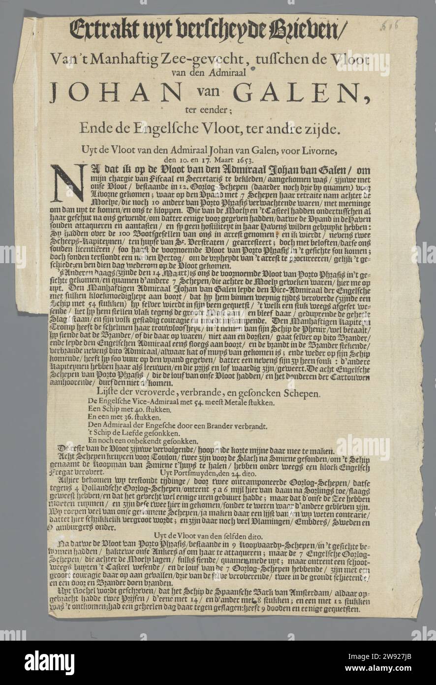 Extrait uyt Verscheyde lettres de la bataille maritime habitable, entre la flotte de l'amiral Johan van Galen, de la même manière ; Ende la flotte anglaise, ter andre Side, anonyme, 1653 document unilatéralement imprimé feuille de papier, avec des messages sur la bataille de Livourne. Daté. Impression papier bataille de Leghorn Livourne Banque D'Images