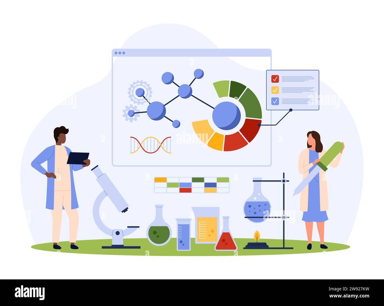 Recherche chimique en laboratoire, analyse scientifique des molécules en substance. De petites personnes étudient la structure moléculaire de l'ADN et des acides aminés avec l'équipement de laboratoire, illustration vectorielle de dessin animé de microscope Illustration de Vecteur