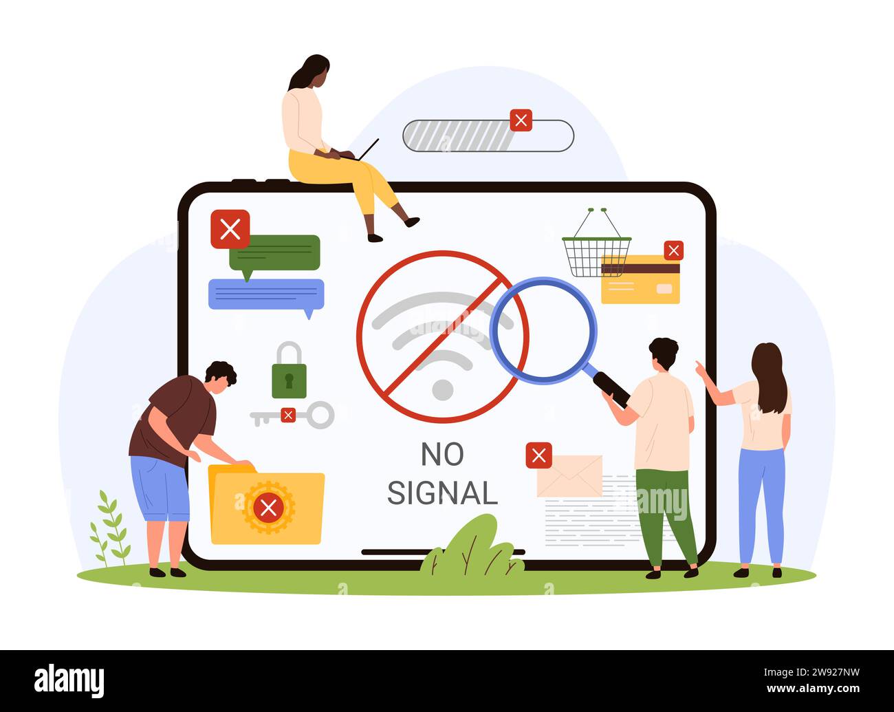Pas d'Internet. Petites personnes regardant à travers la loupe à l'icône Wi Fi barrée sur l'écran d'ordinateur portable, erreur de chargement hors ligne, aucun accès à l'e-mail, chat et documents en ligne illustration vectorielle de dessin animé Illustration de Vecteur