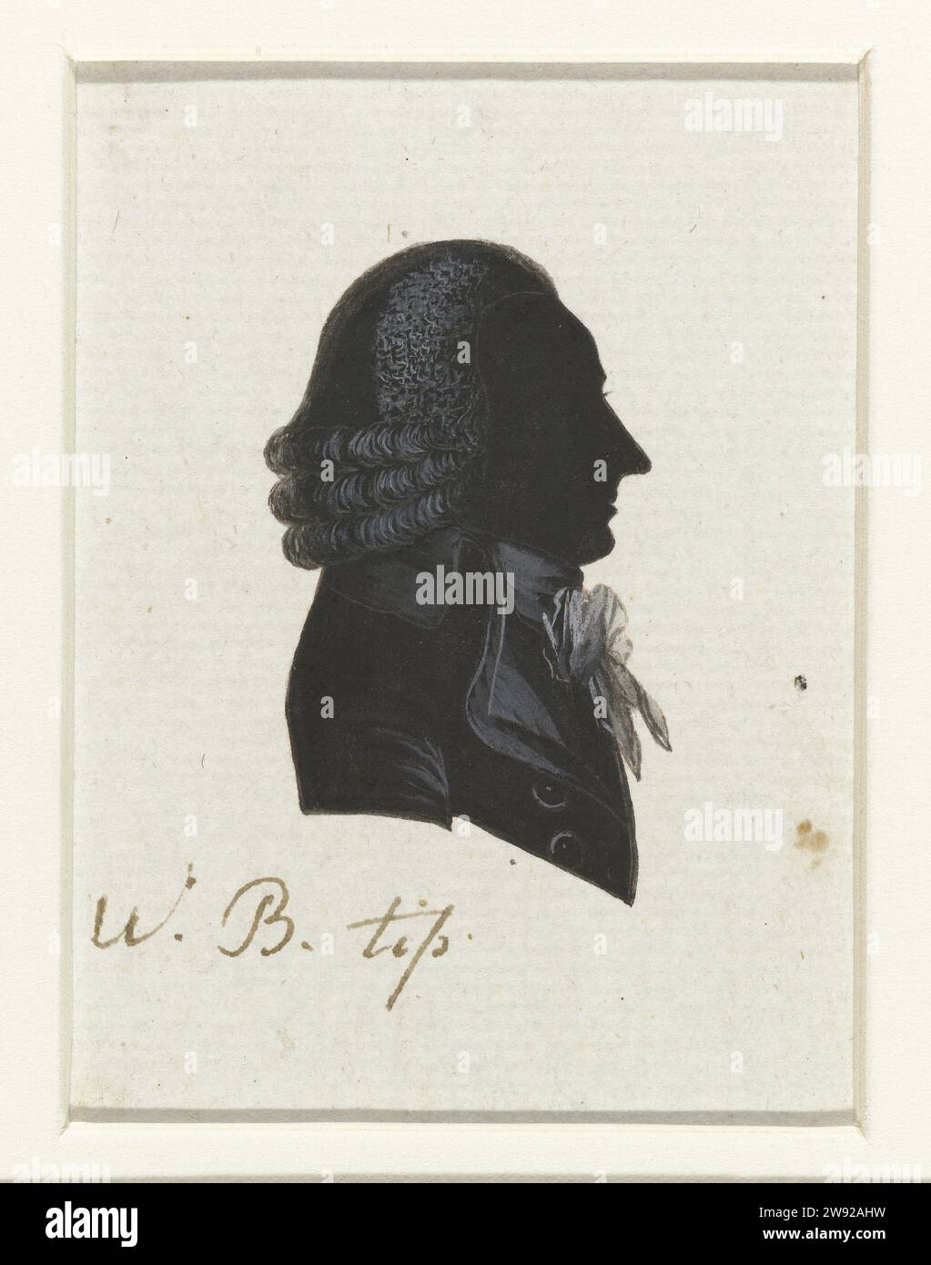 W.B. Tip, Hausdorff (possiblement), 1796 Silhouette de buste de profil à droite. Suspendu en trois rouleaux de cheveux bouclés en trois rouleaux en trois rouleaux. Cravate nouée. Inscription ; O. : W. B. Tip. Papier néerlandais. Encre d'Inde (encre) dessinant des personnages historiques (+ portrait de profil) la Haye. Westzaan Banque D'Images