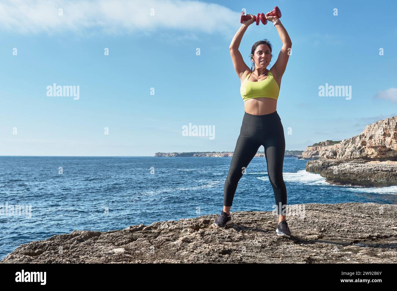 Femme latine, d'âge moyen, portant des vêtements de sport, s'entraînant, faisant des exercices physiques, planche, sit-ups, pas de grimpeur, brûler des calories, garder la forme Banque D'Images