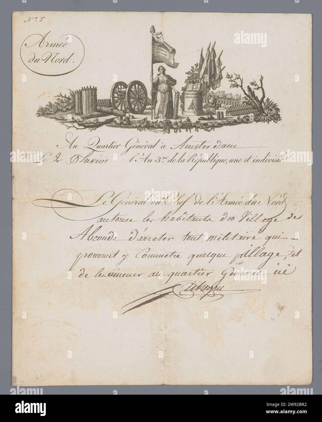 Femme avec bannière au milieu de Wapentuig, Jean-Charles Pichegru, 1795 document Double feuille de papier pliée, recto imprimé et décrit, avec ci-dessus une performance, femme avec bannière et paquet dans le paysage dans lequel armes. Dans ce numéro, les habitants d'Abcoude sont autorisés à arrêter les soldats pillés. Signé ; O. : pichegru. Daté ; au milieu du haut : le 2 Pluvios l'ian 3ME de la République, une et indivisible. Inscription ; L.B. : Armée du Nord. Journal d'Amsterdam. Encre impression / écriture (procédés) pays-Bas Banque D'Images