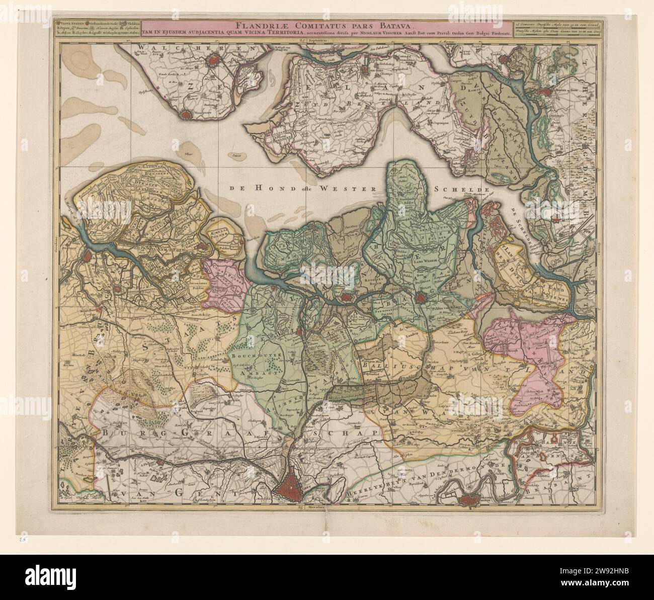 Carte de la Flandre du Nord, Nicolaes Visscher (I), c. 1695 carte de la Flandre du Nord et d'une partie de la Zélande. En haut à gauche à côté du titre de Legenda, en haut à droite l'échelle en miles allemands et français. Journal d'Amsterdam. Aquarelle (peinture) gravure cartes de différents pays ou régions Flandre. Zealand. Flandre néerlandaise. Gand Banque D'Images