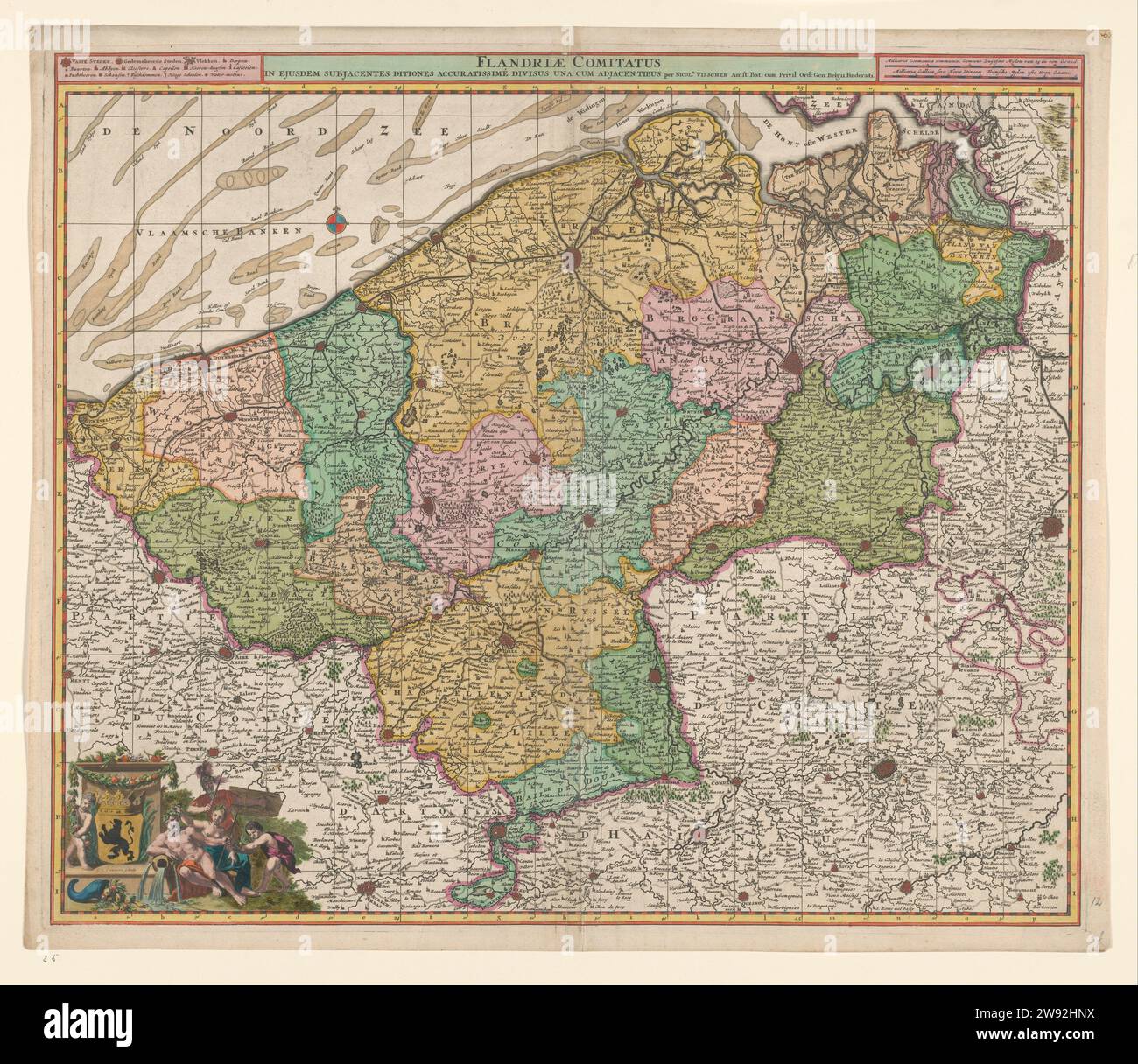Carte du Graafschap Vlaanderen, Nicolaes Visscher (I), c. 1680 carte du Graafschap Vlaanderen. En haut à gauche, à côté du titre, la légende. En haut à droite, l'échelle en miles allemands et français. Le vent s'est levé en haut à gauche de la mer, en bas à gauche les armoiries de Flandre, entourées de figures allégoriques et de putti. Les arbres et les branches sont indiqués sur la carte. Journal d'Amsterdam. Aquarelle (peinture) gravure cartes de différents pays ou régions Flandre Banque D'Images