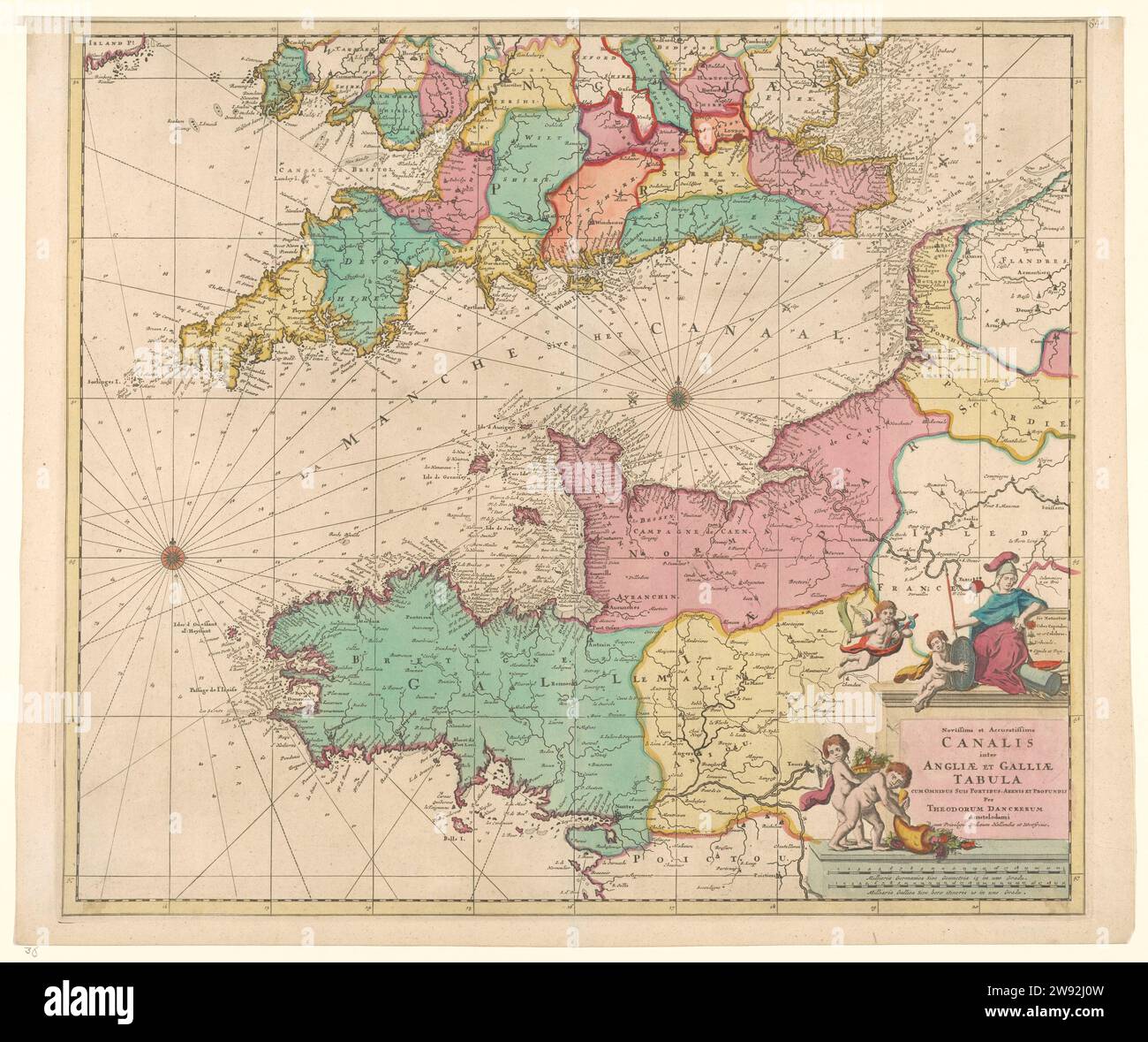 Carte de la mer de la Manche, Theodorus Danckerts (I), 1696 - 1699 imprimer carte de la mer du canal, avec une grande partie des pays environnants de l'Angleterre et de la France. A la mer deux roses de boussole et des indications de diverses batailles navales 1666, 1690 et 1692. En bas à droite un cartouche avec le titre latin, la Vierge britannique avec deux putti est assis. Plus au fond deux autres putti avec des cornes d'abondance. En dessous de deux bâtons d'échelle en miles allemands et français. Amsterdam papier gravure / gravure cartes marines Canal anglais. Angleterre. France. Normandie. Brittany Banque D'Images
