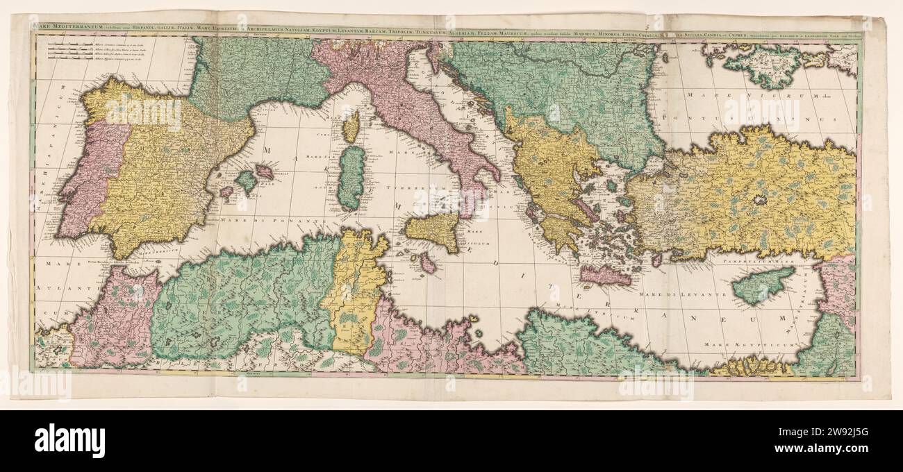 Carte de la Méditerranée, Gerard Valck, 1670 - 1726 kaart van Het Middellandse Zeegebied, Landen Gekleurd. L.B. Schaal dans le duitse, franse, Italiaanse en spaanse mijlen. Bomener en Bergen Ingekend. Opschrift ; R.B. : Mer Méditerranée, montrant les bords de l'Espagne, la France, l'Italie, la mer Hadriatique, ... etc Gesignnerd ; R.B. : vendu par Gerard et Leonard Valk avec un privilège. Amsterdam papier gravure cartes de pays ou régions méditerranéennes Banque D'Images